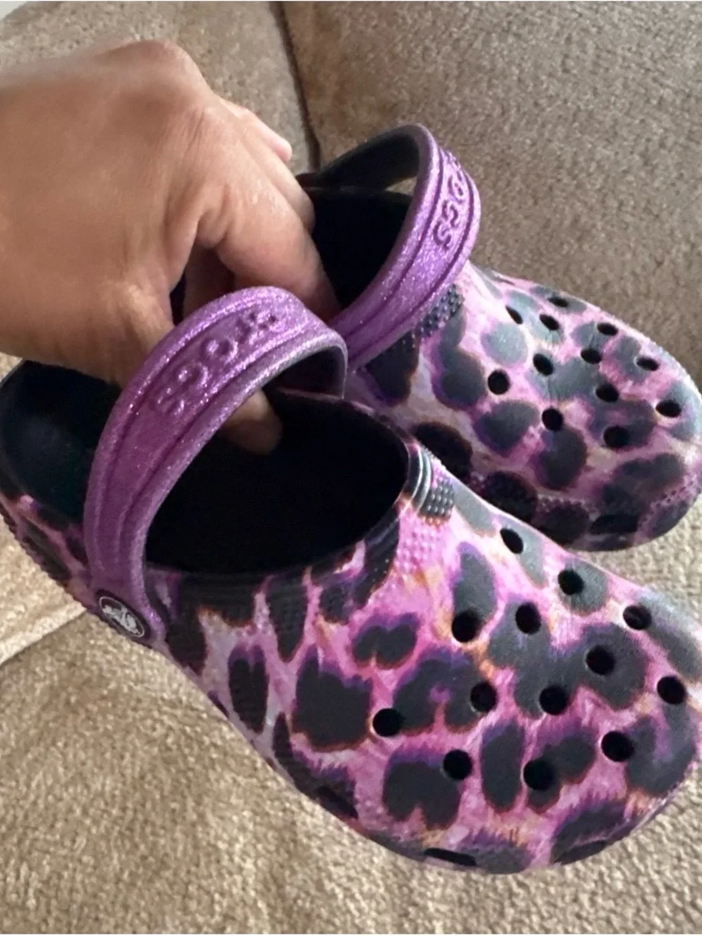 CROCS Kids' Purple Leopard Print Clogs with Black Accents